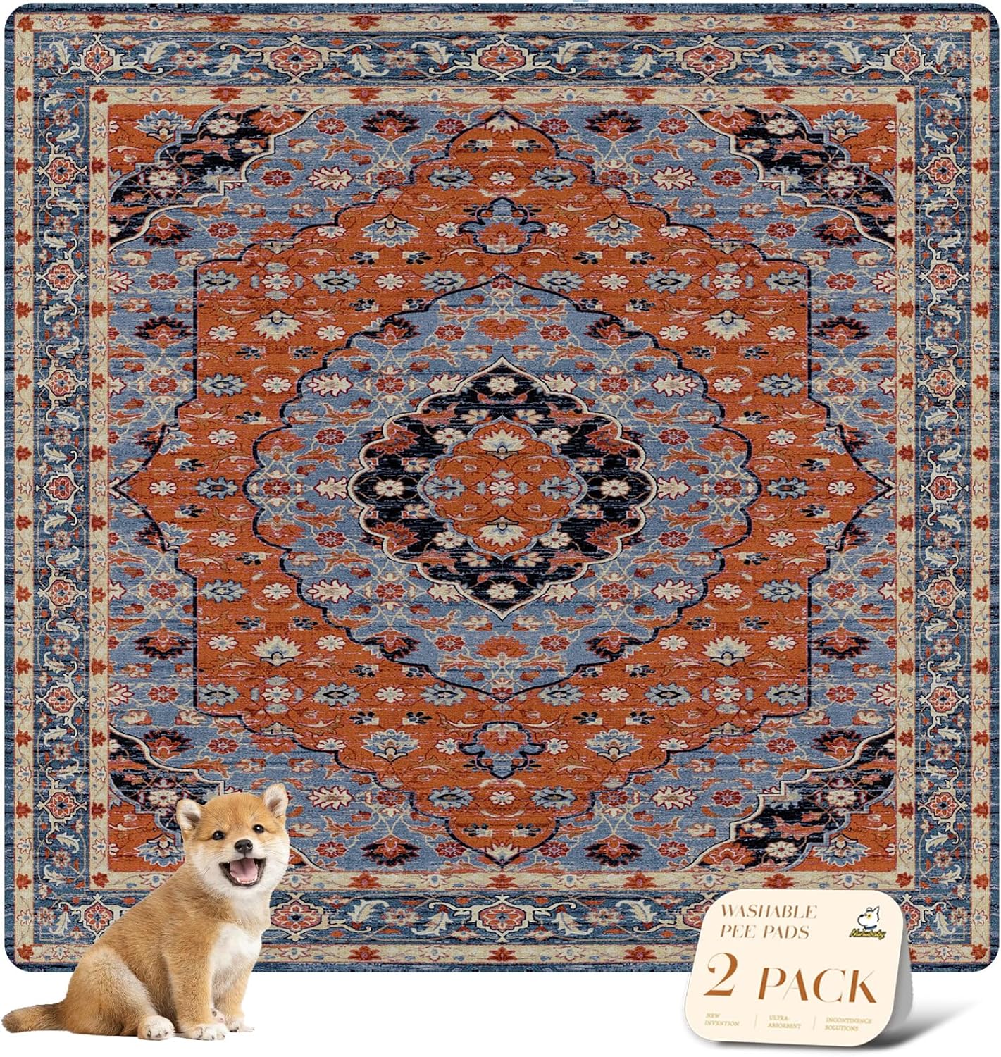 nunubaby 2PACK Washable Pee Pads for Dogs, Stylish, Non-Slip and Leak-Proof Pee Pads. Reusable Potty Pads for Dogs for Crates and Floors.(Red/Floral, 72" x72")