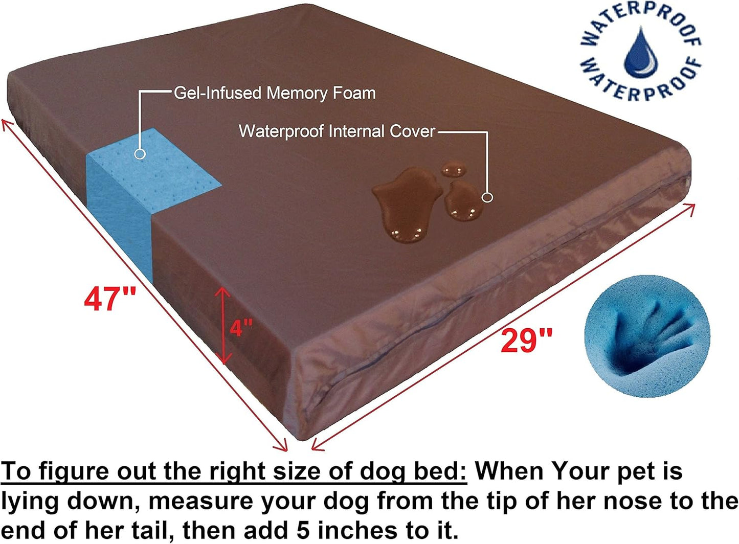 Dogbed4less Extra Large Orthopedic Memory Foam Dog Bed for Large Dogs with Durable Waterproof Internal Case, Removable Washable Denim Cover and Bonus Pet Bed Cover, 47X29X4 Fits 48X30 Dog Crate, Brown