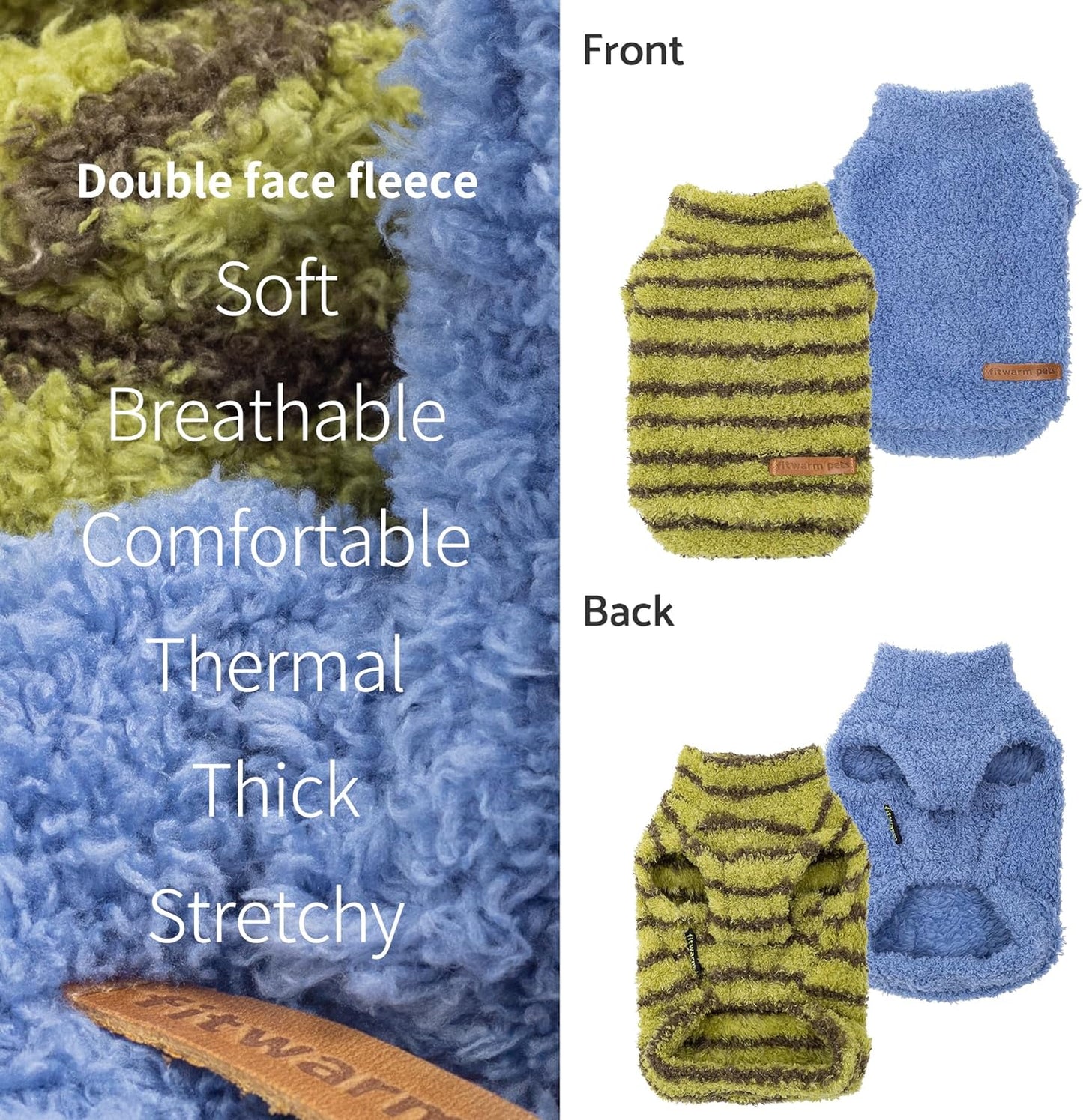 Fitwarm 2 Pack Striped Fleece Dog Sweater, Warm Winter Clothes for Small Dogs Boy Girl, Fuzzy Pet Outfit, Sky Blue, Olive Green, XS