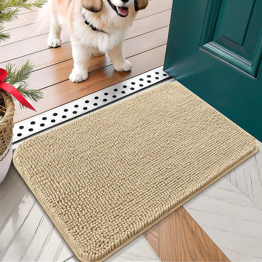 OLANLY Dog Door Mat for Muddy Paws 24x16, Absorbs Moisture and Dirt, Absorbent Non-Slip Washable Doormat, Quick Dry Chenille Mud Mat for Dogs, Entry Indoor Entryway Carpet for Inside Floor, Beige