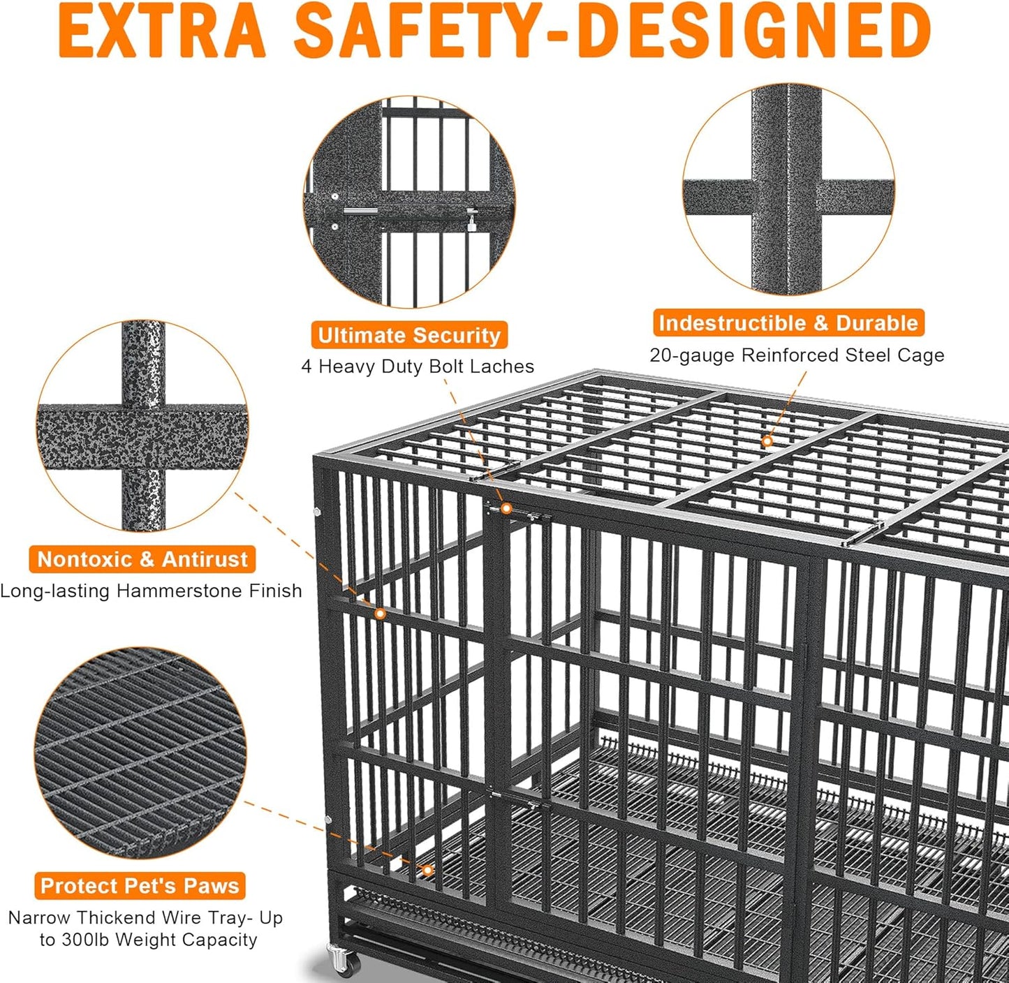 54/48/42/38 Inch Heavy Duty Dog Crate Cage with Wheels, Indestructible and Escape Proof Steel Kennel Indoor for High Anxiety Dogs with Sturdy Locks, Double Door and Tray, Extra Large XL XXL