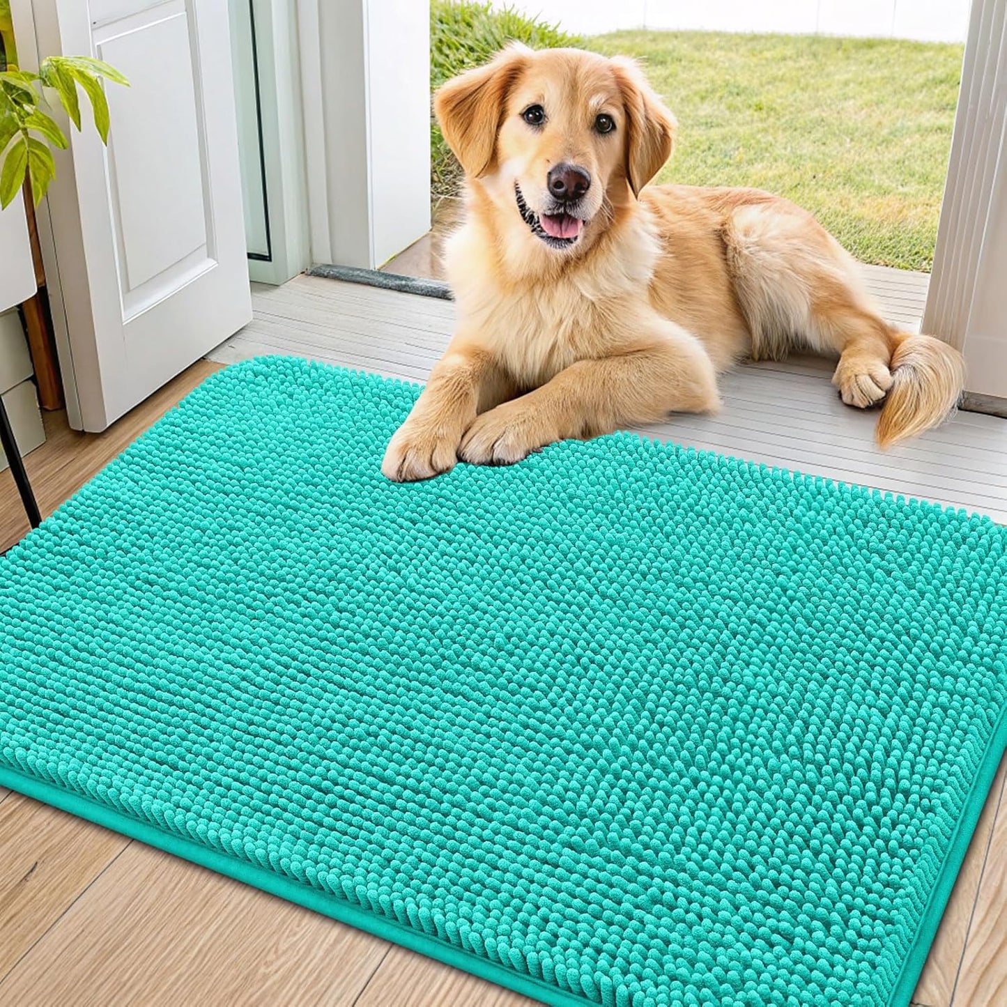Smiry Dog Door Mat for Muddy Paws 36x24, Absorbs Moisture and Dirt Doormat, Non-Slip Washable Quick Dry Chenille Front Door Mat Indoor Entrance, Entryway Carpet for Inside Floor, Teal