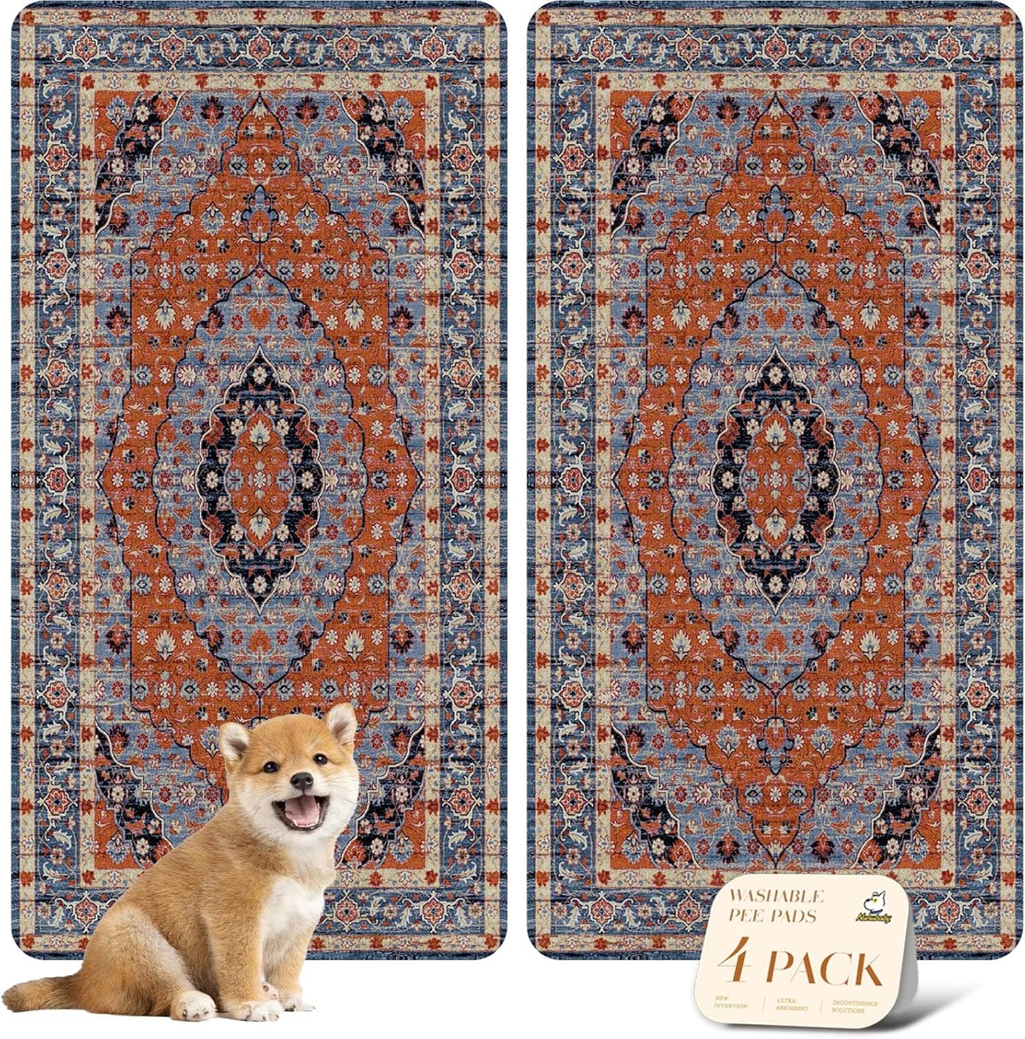 nunubaby 4PACK Washable Pee Pads for Dogs, Stylish, Non-Slip and Leak-Proof Pee Pads. Reusable Potty Pads for Dogs for Crates and Floors.(Red/Floral, 24" x48")