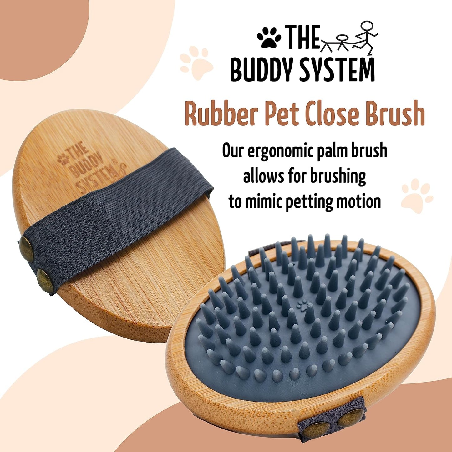 The Buddy System Rubber Pet Close Brush, Soft Touch Oval Palm Brush - Bamboo Massage Handheld with Rubber Bristles and Elastic Band for Dogs and Cats - Gray