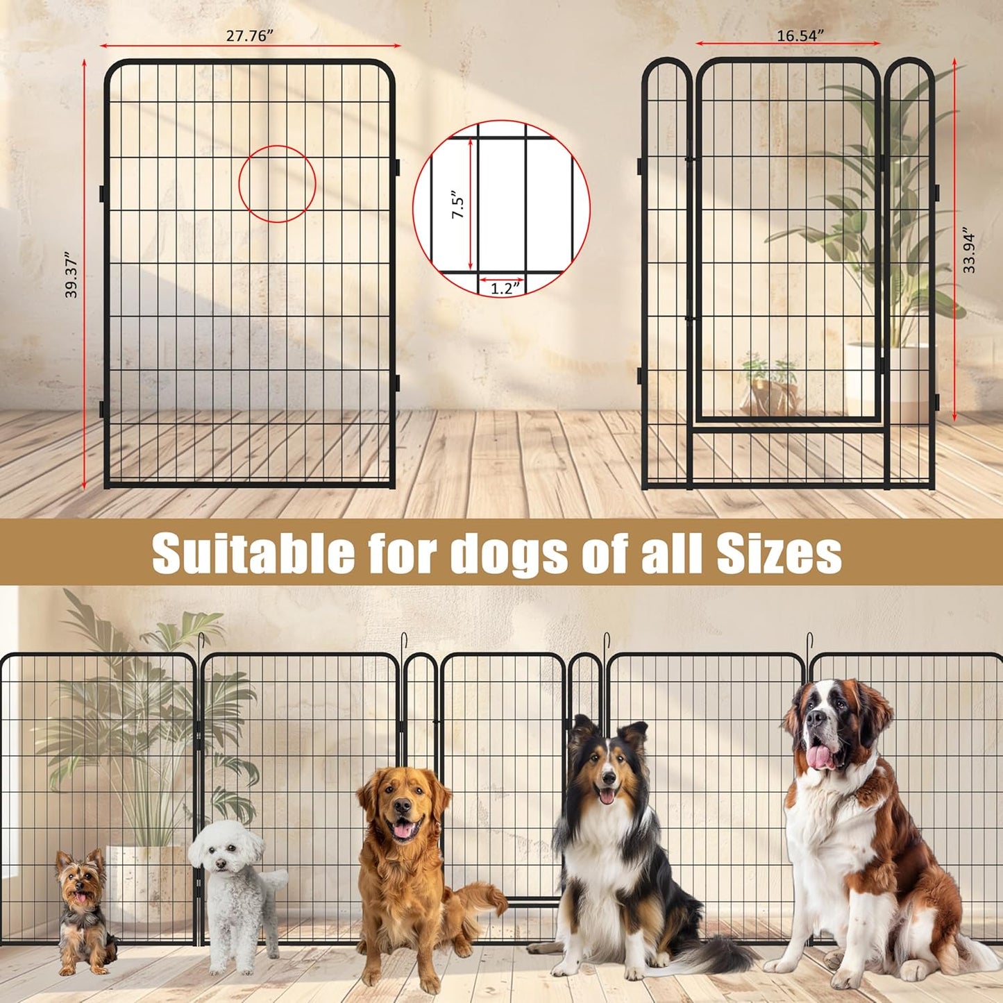 Dog Playpen, Outdoor Dog Fence, 8 Panels, 40" H Dog Pen for Large/Medium/Small Dogs, Heavy Duty Metal Pet Fence with Gate, Portable Dog Fence for RV Camping and Yard (Black)