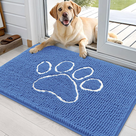 OLANLY Door Mat for Muddy Dog Paws 36x24, Absorbent Chenille Mud Doormat with Paw Print Design, Non-Slip Washable Doormat for Indoor Entryway, Quick-Dry Pet Bed Mats for Dirty Dogs, Cornflower Blue