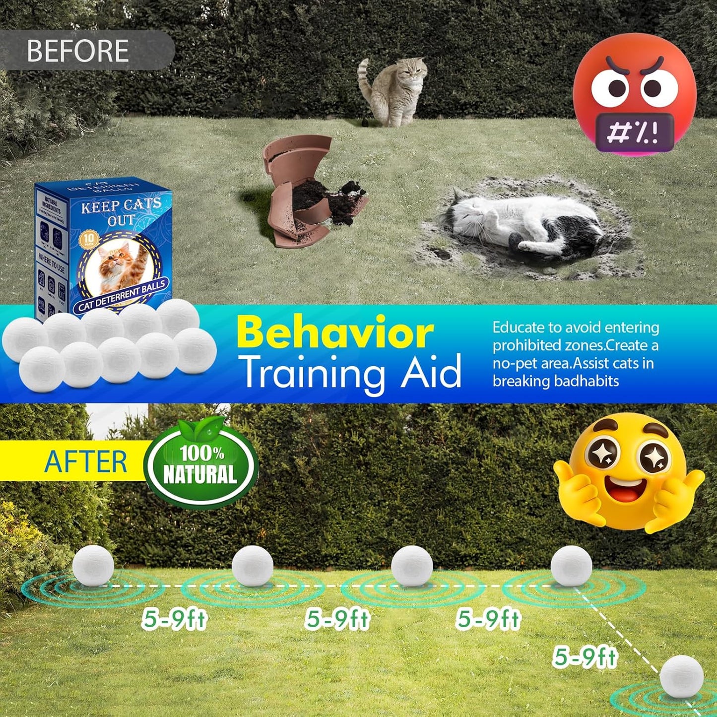 Cat Deterrent Outdoor & Indoor: 10Pack 100% Natural Cat Repellent Essential Oils Ball, Keep Cats Off Lawn, Yard, Plants, Garden, Mulch & Flower Permanently Against Scratch Chew, Keep Cats Away (10PCS)