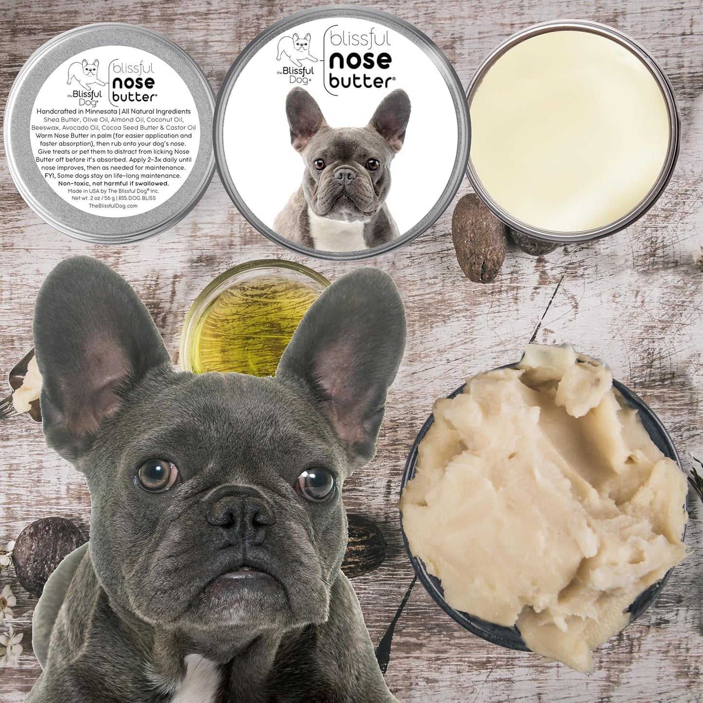 The Blissful Dog Blue French Bulldog Nose Butter, Versatile Dog Nose Balm for Dry Nose, Handcrafted Nose Moisturizer, Easy-to-Apply Dog Essentials, Unscented, 1 oz.