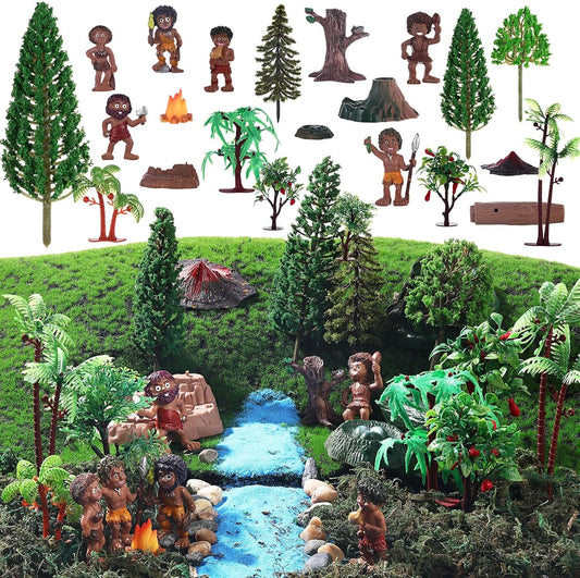 27 Pcs Primitive Man Figurines Kit, Include Diorama Supplies Mini People Figures Mixed Model Trees Stone Sand for Diorama Box Educational School Project Gift