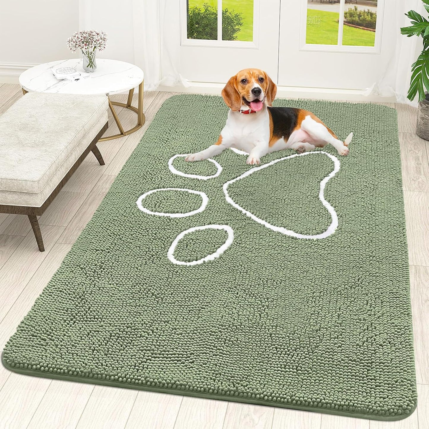 OLANLY Door Mat for Muddy Dog Paws 70x46, Ultra Absorbent Chenille Mud Doormat with Paw Print Design, Non-Slip Washable Doormat for Indoor Entryway, Quick-Dry Pet Bed Mats for Dirty Dogs, Sage Green