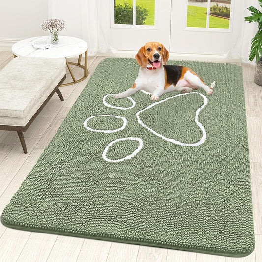 OLANLY Door Mat for Muddy Dog Paws 70x46, Ultra Absorbent Chenille Mud Doormat with Paw Print Design, Non-Slip Washable Doormat for Indoor Entryway, Quick-Dry Pet Bed Mats for Dirty Dogs, Sage Green