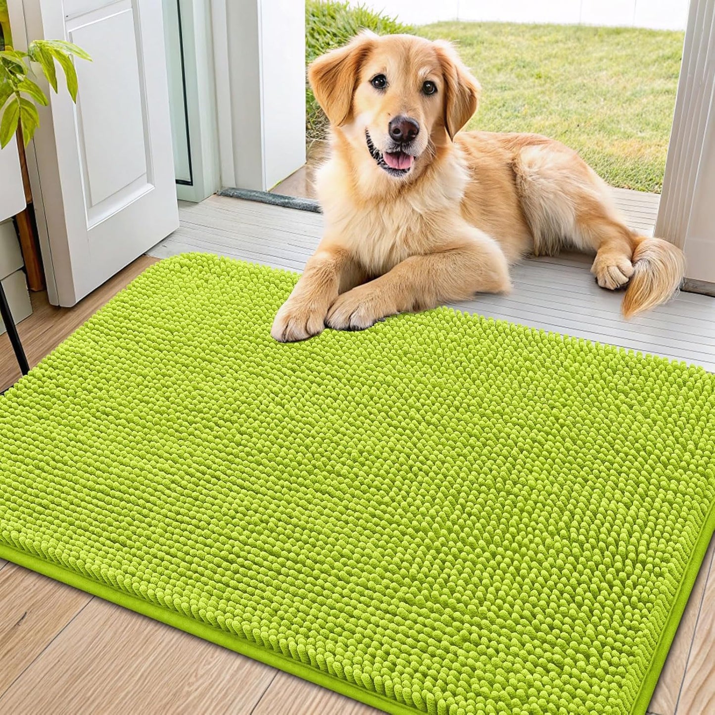 Smiry Dog Door Mat for Muddy Paws 36x24, Absorbs Moisture and Dirt Doormat, Non-Slip Washable Quick Dry Chenille Front Door Mat Indoor Entrance, Entryway Carpet for Inside Floor, Bright Green