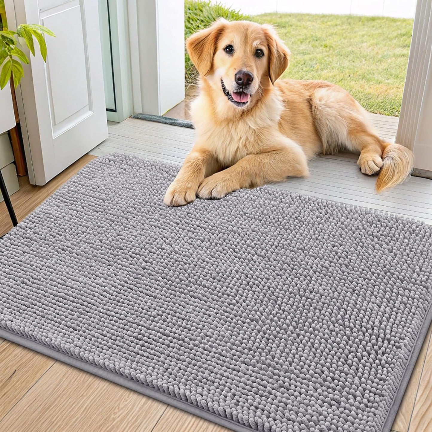 Smiry Dog Door Mat for Muddy Paws 36x24, Absorbs Moisture and Dirt Doormat, Non-Slip Washable Quick Dry Chenille Front Door Mat Indoor Entrance, Entryway Carpet for Inside Floor, Light Grey
