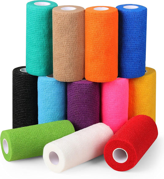 Self Adhesive Bandage Wrap - Pack of 12 Assorted Colors, Non-Woven, Breathable & Water-Resistant Vet Wrap for First Aid, Sports Injury, Body Sprains, & Pets - 4 Inch x 5 Yards