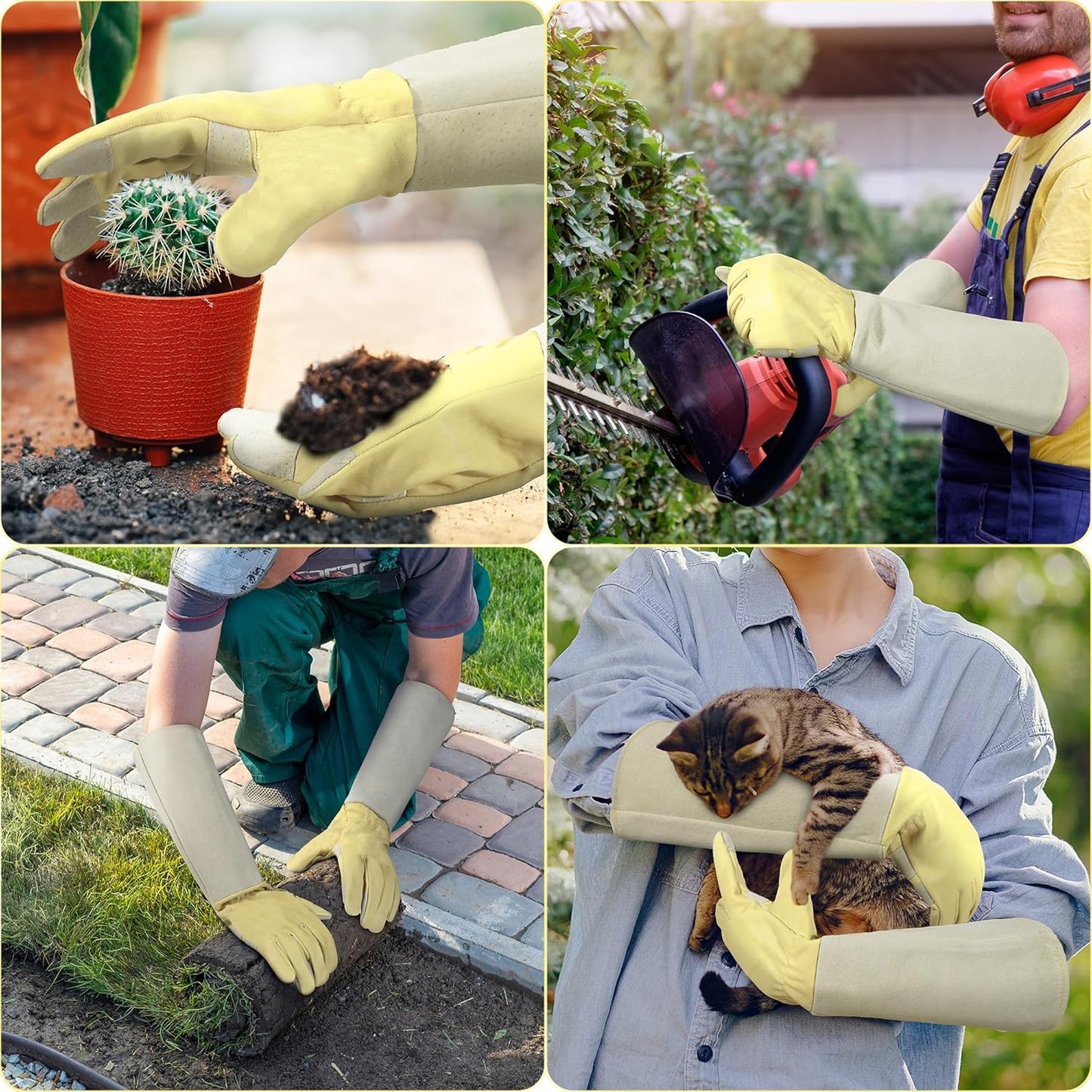 HANDLANDY Rose Pruning Gardening Gloves for Men Women, Thorn Proof Forearm Protection Leather Garden Gloves, Gardening Gifts for Gardeners (Beige- goatskin, Large (Pack of 1))