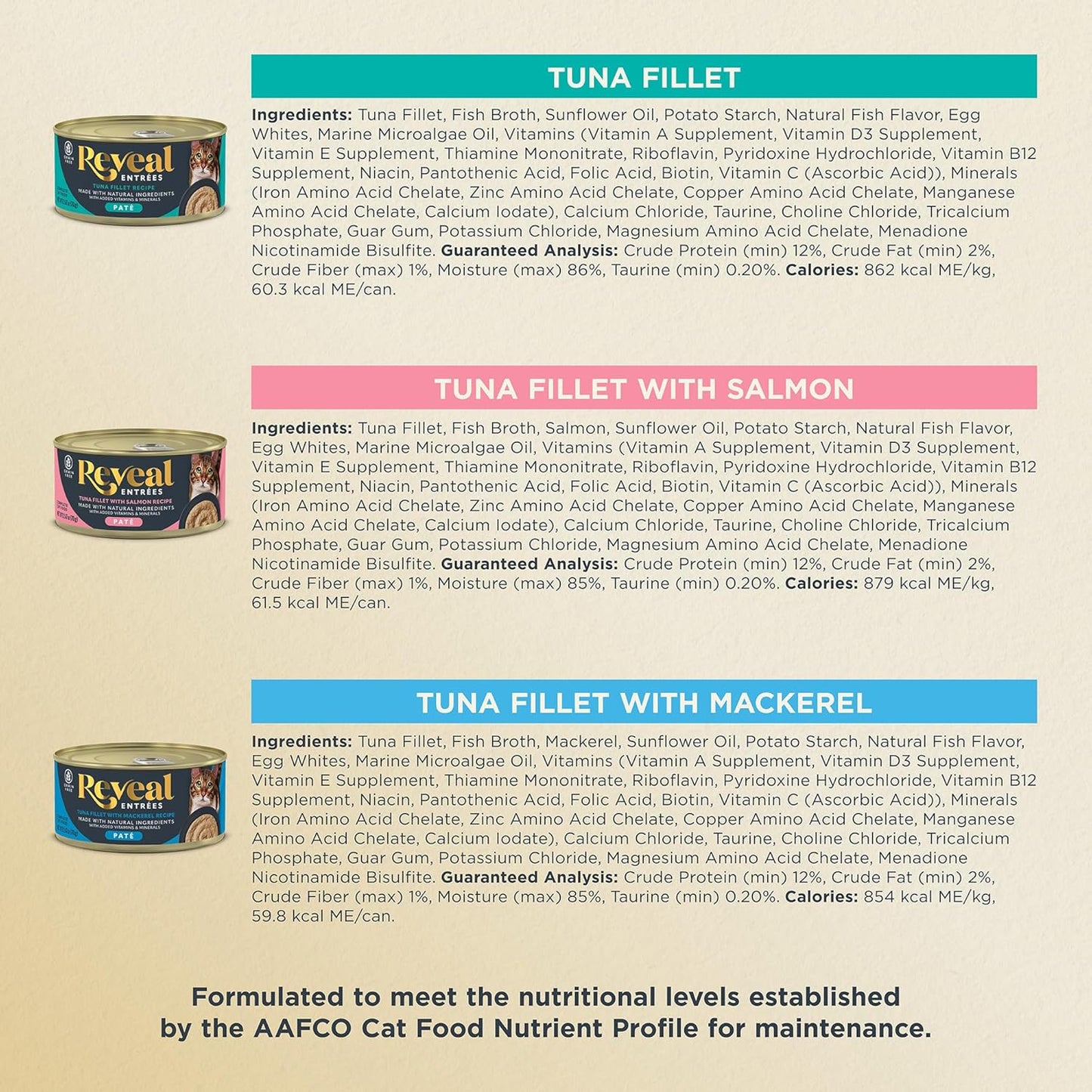 Reveal Entrées Natural Wet Cat Food Paté, Grain-Free with Added Vitamins & Minerals, Carrageenan-Free Fish Variety Selection Paté (12 x 2.47 oz Cans)