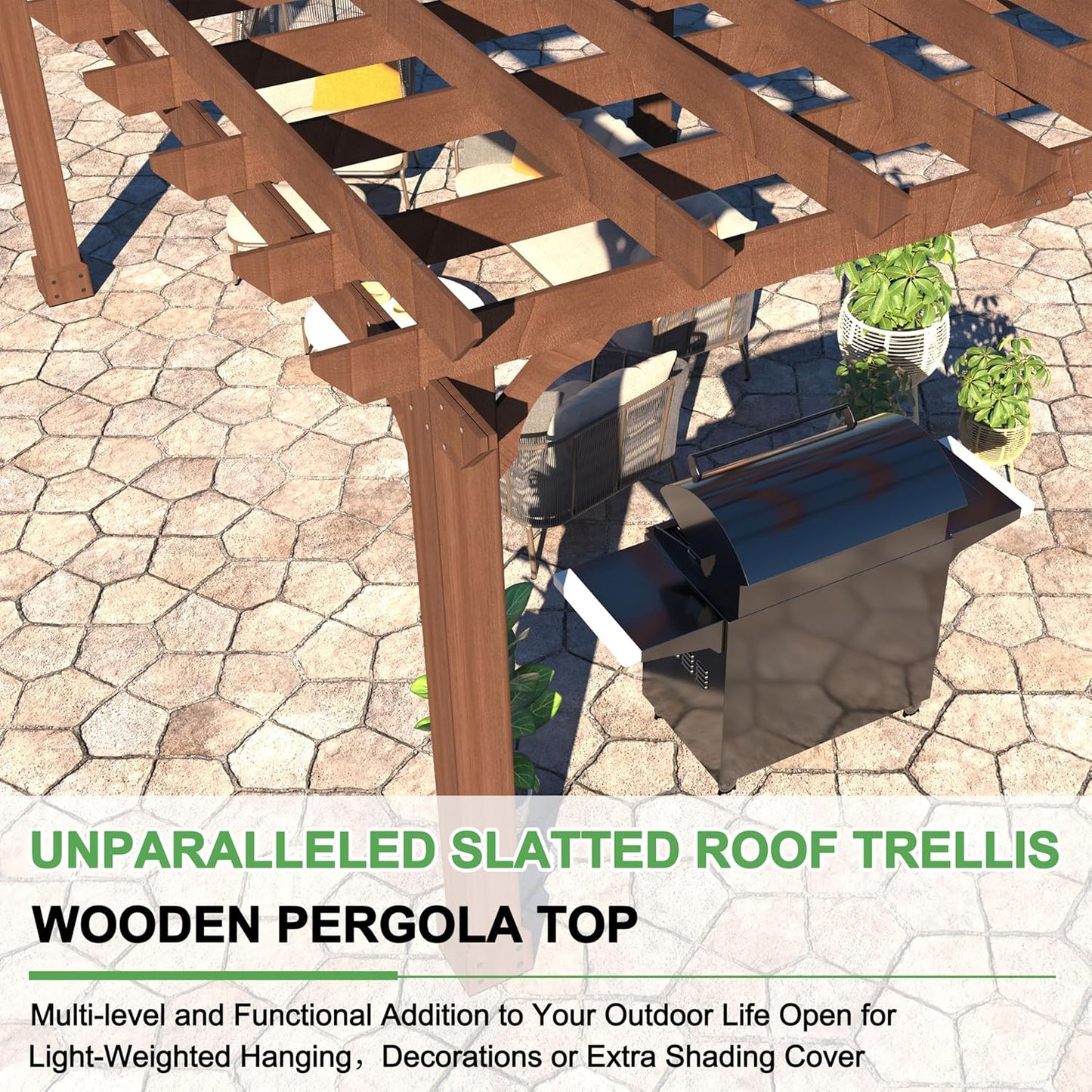 MUPATER 10×10 FT Wooden Pergola with Roof, Wood Pergola Kit with Stakes, Outdoor Shelter Structure for Climbing Plant Support, All-Season Durability, Shade for Patio, Backyard, Deck, Lawn