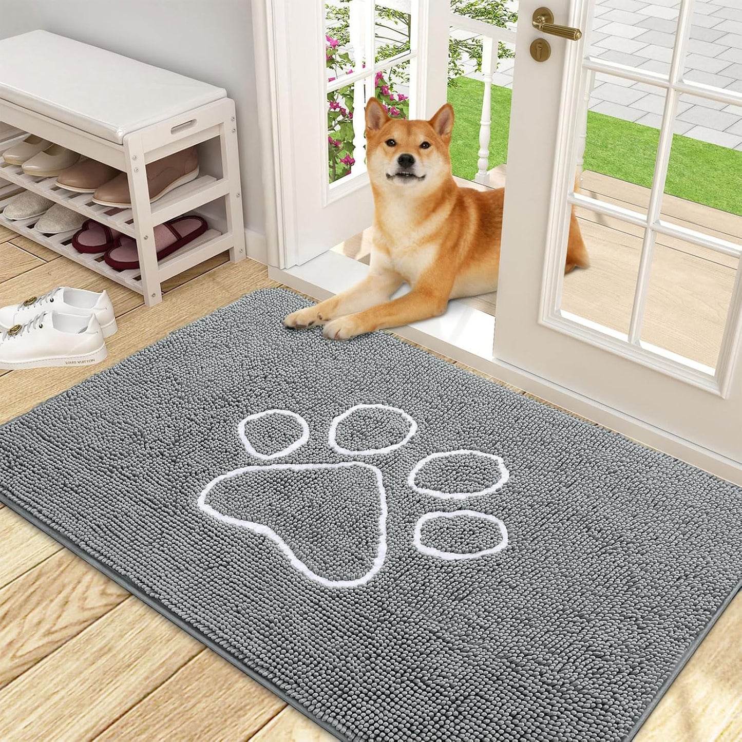 OLANLY Door Mat for Muddy Dog Paws 48x30, Absorbent Chenille Mud Doormat with Paw Print Design, Non-Slip Washable Doormat for Indoor Entryway, Quick-Dry Pet Bed Mats for Dirty Dogs, Grey and White