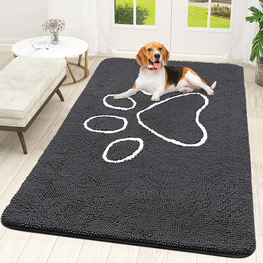 OLANLY Door Mat for Muddy Dog Paws 59x35, Ultra Absorbent Chenille Mud Doormat with Paw Print Design, Non-Slip Washable Doormat for Indoor Entryway, Quick-Dry Pet Bed Mats for Dirty Dogs, Dark Grey