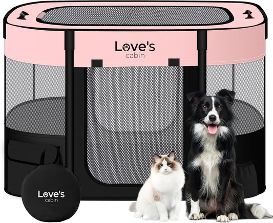 Love's cabin Pet Puppy Dog Playpen, Large Dog Tent Crates Cage Indoor/Outdoor, Portable Exercise Playpen for Cat, Foldable Pop Up Dog Kennel Playpen with Carring Case (L, Pink)