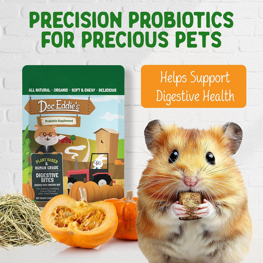DOC EDDIE'S Digestive Bites - Plant-Based Small Animal Treats for Rabbits, Guinea Pigs, Hamsters, Gerbils, and More - Probiotics Supplement Made with Timothy Hay, Real Fruits, and Veggies
