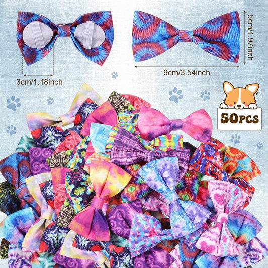 Reginary 50 Pieces Dog Bow Ties Pet Collar Bow Puppy Collar Attachment with Rubber Bands for Small Medium Cat Pet Grooming Charms Accessories Wedding Birthday Occasion(Tie Dye Style)