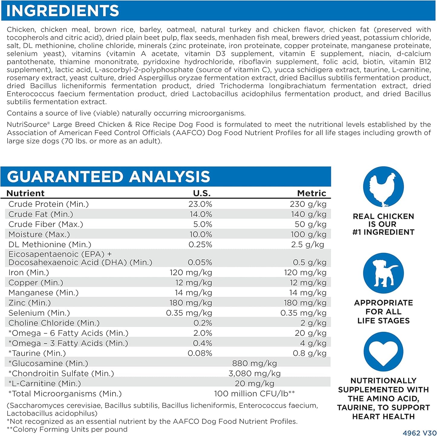 NutriSource Adult Dry Dog Food for Large Breeds, Chicken and Rice, 26LB