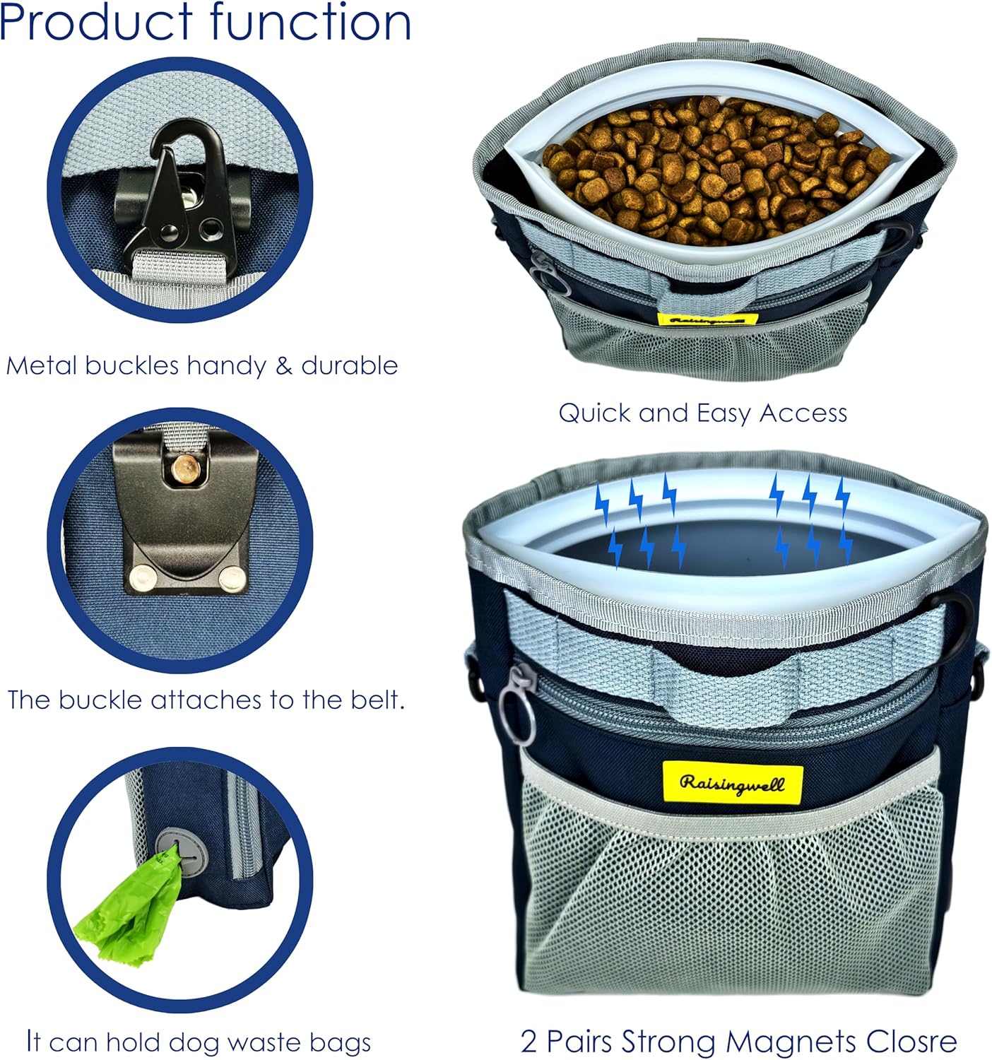 Dog Treat Pouch with Magnetic Closure 4-Cup Silicone Bag Fanny Pack Holder with Clicker 4 Ways to Wear Front Pocket Fits All Phones Ideal for Leash, Pet Walking and Training（Blue）