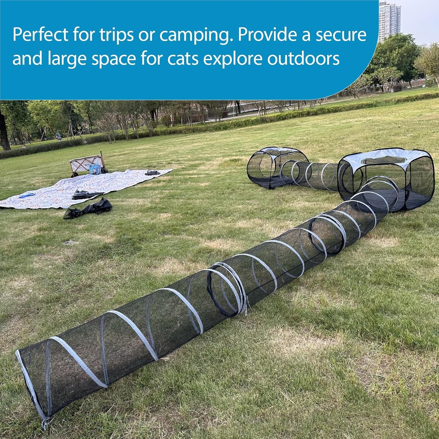 Large Outdoor Cat Tunnel and Tent Playpen - Pop Up Enclosure for Multiple Cats - Portable Outside Playhouse for Small Pets