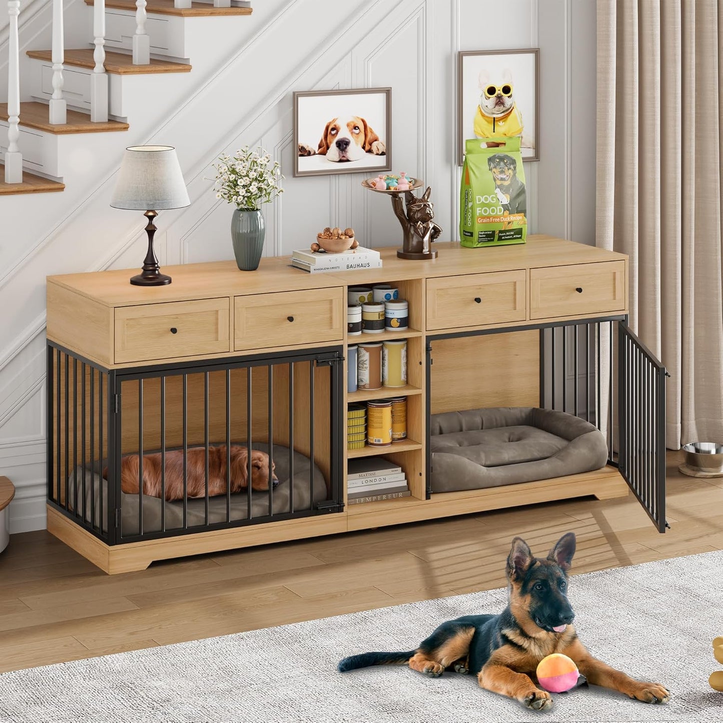 GarveeHome 82" Double Dog Crate Furniture, Large Dog Kennel Indoor for 2 Dogs, Heavy Duty Wooden Dog Crate TV Stand with 4 Drawers and Shelves, Natural