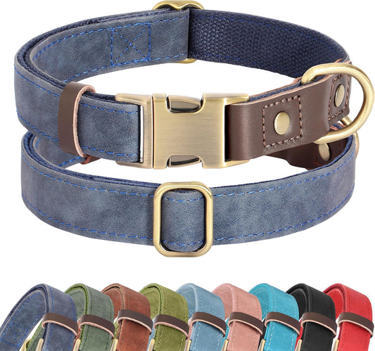 Didog Soft PU Leather Dog Collar for Large Dogs,Classic Adjustable Dog Collars with Quick Release Metal Buckle,Easy Clean and Comfortable with Nylon Lining,Blue,L Neck 15-23"