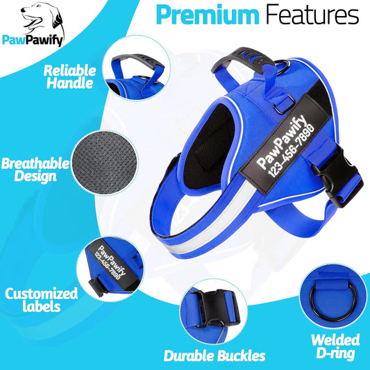 PawPawify Custom No Pull Dog Harness with Name and Phone Number, Heavy Duty Personalized Pet Vest to Prevent Tugging, Pulling, or Choking, Training and Walking (New Blue, XS (5-9LBS))