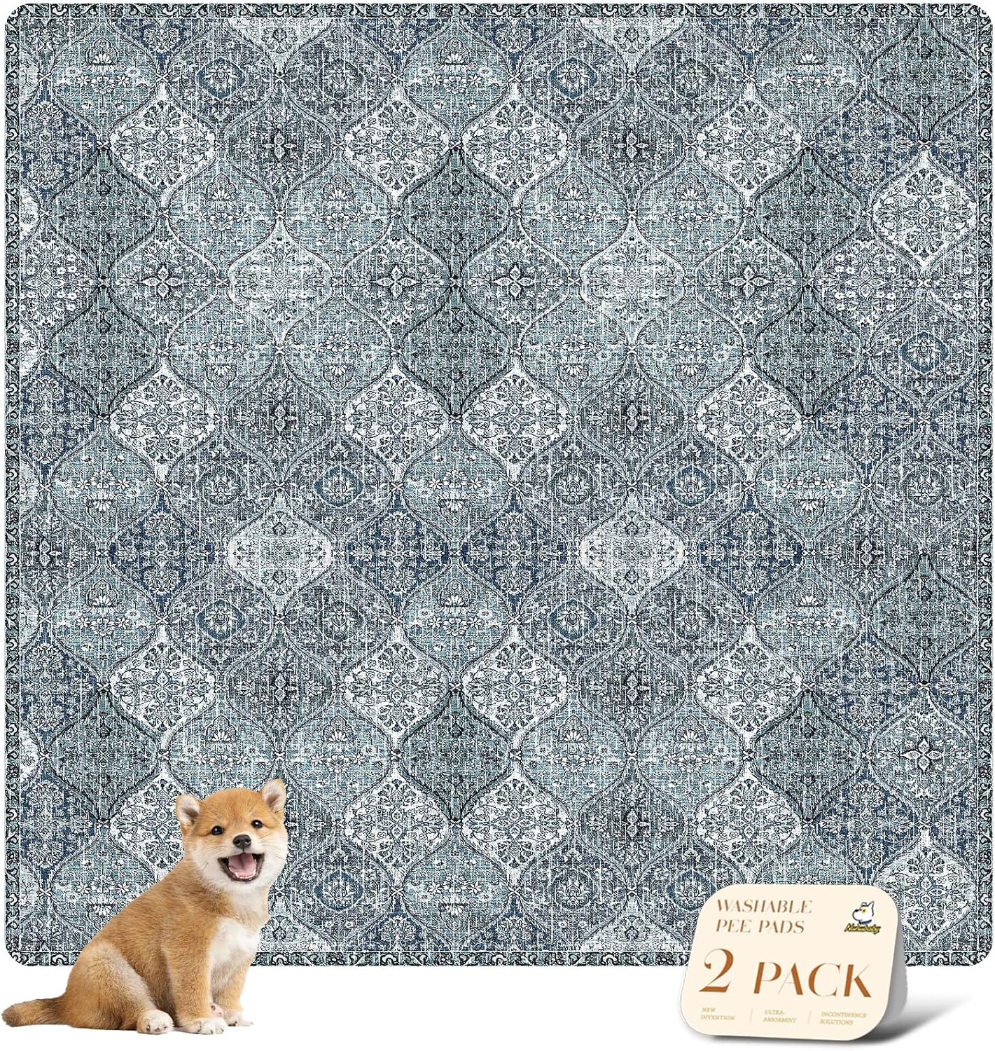 nunubaby 2PACK Washable Pee Pads for Dogs, Stylish, Non-Slip and Leak-Proof Pee Pads. Reusable Potty Pads for Dogs for Crates and Floors.(Blue/Multi, 72" x72")